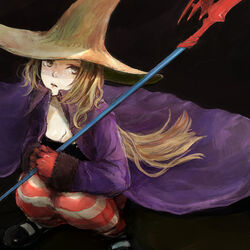  bad_id bad_pixiv_id black_mage_(fft) black_mage_(final_fantasy) blonde_hair blue_eyes breasts cleavage coat female final_fantasy final_fantasy_tactics hat kno_(anahita) long_hair medium_breasts polearm sitting solo striped_clothes striped_thighhighs thighhighs weapon witch_hat 