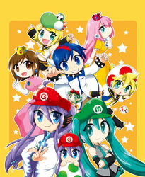  4boys 5girls aqua_eyes aqua_hair atora_(atorandom) bad_id bad_pixiv_id belt blonde_hair blue_eyes blue_hair bowser bowser_(cosplay) brown_eyes brown_hair chibi cosplay costume crop_top crossed_arms crossover crown detached_sleeves earrings egg elbow_gloves everyone fairy flower gloves green_eyes green_hair grin gumi hair_flower hair_ornament hat hatsune_miku jewelry kagamine_len kagamine_rin kaito_(vocaloid) kamui_gakupo long_hair luigi luigi_(cosplay) mario mario_(cosplay) mario_(series) megurine_luka meiko_(vocaloid) midriff mini_person minigirl multiple_boys multiple_girls mushroom necktie pink_hair pointy_ears princess_daisy princess_daisy_(cosplay) princess_peach princess_peach_(cosplay) purple_hair red_toad_(mario) school_uniform serafuku shorts smile star_(symbol) sunglasses super_mushroom toad_(mario) toad_(mario)_(cosplay) twintails v very_long_hair vocaloid waving wings yoshi yoshi_(cosplay) yoshi_egg 