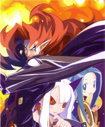  1boy 3girls :d blue_eyes blue_hair fire harada_takehito highres long_hair looking_at_viewer multiple_girls open_clothes open_mouth phantom_kingdom photoshop_(medium) pointy_ears pram_(phantom_kingdom) red_eyes salome_(phantom_kingdom) scan smile trenia_(phantom_kingdom) upper_body very_long_hair white_background white_hair zetta_(phantom_kingdom) 