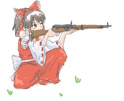  arisaka bolt_action bow commentary_request female gun hairbow hakurei_reimu michael-x oekaki one_eye_closed red_bow ribbon rifle solo touhou weapon white_background 