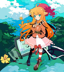  ahoge aqua_eyes cloud duplicate female flat_color highres ideolo long_hair ootori_rika orange_hair original pen photoshop_(medium) smile solo tree 