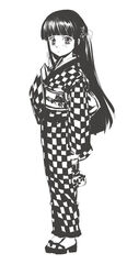  blunt_bangs blush checkered_clothes checkered_kimono closed_mouth commentary_request female full_body greyscale hime_cut japanese_clothes kimono lolicon long_hair monochrome murasaki_hisato obi okobo original sandals sash simple_background socks solo standing tabi tareme white_background white_socks 