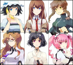  1boy 5girls akiha_rumiho amane_suzuha bad_link banana black_hair blue_eyes food fruit hat holding holding_food holding_fruit kiryuu_moeka makise_kurisu multiple_girls otoko_no_ko shiina_mayuri steins;gate urushibara_ruka waxwa 