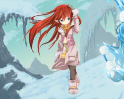  belt boots commentary_request earrings female gloves jacket jewelry long_hair mimi-moon navel open_clothes open_jacket pantyhose pointy_ears red_hair rune_factory rune_factory_3 scarf snow solo toona 