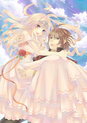  1boy bare_shoulders belt blonde_hair bride brown_hair carrying cloud commentary_request couple crown curly_hair day dress falseele female flower formal green_eyes highres jewelry lipstick long_hair makeup original ornate_ring outdoors princess_carry ring rose short_hair sky smile straight tiara wedding wedding_dress wedding_ring 