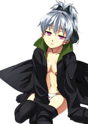  :&lt; black_jacket black_thighhighs breasts collarbone commentary_request darker_than_black female grey_hair jacket long_hair medium_breasts navel nearly_naked_coat open_mouth panties photoshop_(medium) pink_eyes ponytail sitting solo takenaka_hideo thighhighs topless underwear white_panties yin_(darker_than_black) 