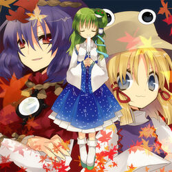  3girls :3 bad_id bad_pixiv_id blonde_hair blue_eyes closed_eyes detached_sleeves frog green_hair hair_ornament hanepochi hat japanese_clothes kochiya_sanae leaf_hair_ornament long_hair moriya_suwako multiple_girls purple_hair red_eyes short_hair snake touhou yasaka_kanako 