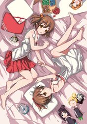  2girls akiyama_mio barefoot brown_eyes brown_hair cd_player character_doll chibi commentary_request discman doll don&#039;t_say_&quot;lazy&quot; dress feet foreverchaos from_above hirasawa_ui hirasawa_yui holding_hands k-on! kotobuki_tsumugi lying multiple_girls photo_(object) pillow ponytail short_hair siblings sisters tainaka_ritsu 