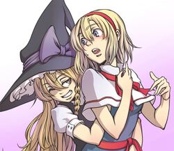  2girls alice_margatroid bad_id bad_pixiv_id blonde_hair blue_eyes blush braid hairband hat kirisame_marisa long_hair multiple_girls photoshop_(medium) short_hair touhou witch_hat yadonushi_(housei) yellow_eyes yuri 