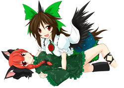  2girls bow braid eku green_bow hairbow kaenbyou_rin multiple_girls reiuji_utsuho ribbon touhou wings 