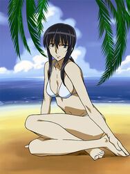  barefoot beach bikini black_hair breasts cleavage day feet female gundam gundam_00 hands_on_feet kizaki_(volvox) large_breasts marina_ismail outdoors solo swimsuit white_bikini 