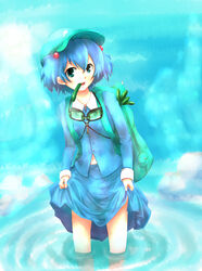  backpack bad_id bad_pixiv_id bag blue_eyes blue_hair cucumber female goggles goggles_around_neck hair_bobbles hair_ornament hat highres kawashiro_nitori key mouth_hold na_(zooncopter) navel short_hair skirt_hold solo touhou twintails two_side_up wading water 