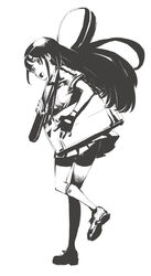  bag bike_shorts commentary_request copyright_request female fingerless_gloves gloves greyscale guitar_case instrument_case long_hair looking_back monochrome murasaki_hisato school_uniform skirt solo spandex 