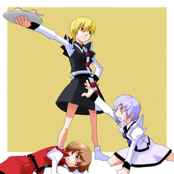  3girls blonde_hair blue_eyes blue_hair brown_eyes brown_hair commentary_request food hands ice_cream kansuke_(bubuduke) lunasa_prismriver lyrica_prismriver merlin_prismriver multiple_girls outstretched_arm outstretched_hand photoshop_(medium) reaching short_hair simple_background skirt touhou yellow_eyes 