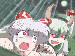  2girls bow caved_(touhou) commentary_request ex-keine eyes_visible_through_hair fujiwara_no_mokou green_hair grey_hair hair_ribbon hairbow highres horn_ornament horns kamishirasawa_keine long_hair multiple_girls naughty_face no_nose open_mouth red_eyes ribbon shirosato smile sweatdrop touhou white_hair you_gonna_get_raped yuri 