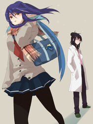  1boy bad_id bad_pixiv_id bag baul_(tales) blush brown_eyes commentary_request female glasses hidaka_ryou judith_(tales) lab_coat long_hair necktie pantyhose photoshop_(medium) pointy_ears ponytail purple_hair scarf school_uniform skirt slippers sweater tales_of_(series) tales_of_vesperia walking yuri_lowell 