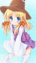  blonde_hair blue_eyes commentary_request female hat long_hair moriya_suwako pyonta rai_(rai-s) ribbon solo thighhighs touhou 