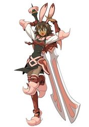  .hack// .hack//link .hack//sign animal_ears armor breasts brown_hair dark-skinned_female dark_skin female huge_weapon medium_breasts mimiru_(.hack//) official_art pantyhose rabbit_ears short_hair skirt smile solo surcoat sword tattoo thighhighs thighhighs_over_pantyhose weapon 