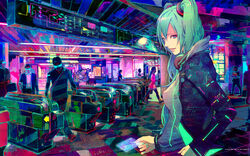  aqua_eyes aqua_hair card colorful female glowing hatsune_miku headphones highres holding holding_card jacket long_hair mikumix photoshop_(medium) smile solo_focus twintails vocaloid zain 