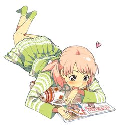  blush brown_eyes commentary_request female heart long_hair lying magazine_(object) muramurakimi on_stomach original pink_hair reading saliva skirt socks solo 