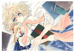  2girls alice_margatroid bed blonde_hair blue_eyes book bow commentary_request hairband hairbow kokono_coco multiple_girls shanghai_doll short_hair touhou 