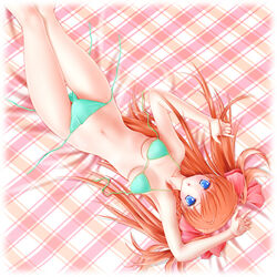  bikini blue_eyes braid commentary_request female highres honeycoming_royalsweet kamijou_asahi lying miharin orange_hair plaid solo swimsuit thigh_gap twintails untied 