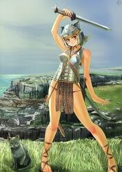  animal_ear_headwear animal_ears animal_helmet arm_up armor bad_id bad_pixiv_id cat_ears cat_tail feline female gladiator_sandals helmet holding holding_sword holding_weapon legionnaire multiple_swords original raybar roman_armor roman_empire sandals scabbard sheath sheathed solo sword tail unsheathed weapon 