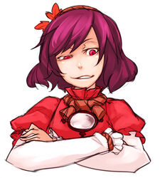  crossed_arms female hair_ornament leaf_hair_ornament looking_down mirror purple_hair raised_eyebrow red_eyes short_hair smirk solo totteri touhou troll_face uneven_eyes upper_body yasaka_kanako 