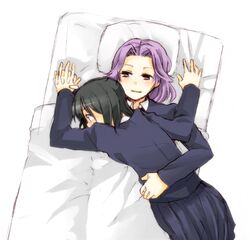  2girls bed black_hair blush commentary_request holding_hands hug interlocked_fingers kajiki_yumi kusugaya medium_hair multiple_girls pillow purple_hair red_eyes saki_(manga) school_uniform skirt touyoko_momoko tsuruga_school_uniform yuri 