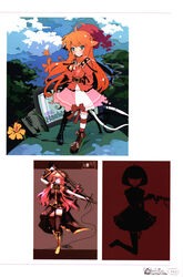  2girls absurdres ahoge aqua_eyes blush boots cloud flat_color hair_over_eyes hair_over_one_eye highres ideolo knee_boots long_hair md5_mismatch megurine_luka microphone microphone_stand multiple_girls ootori_rika orange_hair original pen photoshop_(medium) pink_hair red_theme scan short_hair smile thighhighs tongue tree vocaloid 