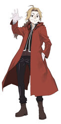  1boy braid braided_ponytail brown_hair coat commentary_request edward_elric full_body fullmetal_alchemist long_hair male_focus murasaki_hisato single_braid smile solo waving 