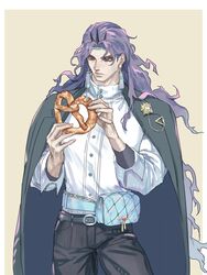  1boy alternate_costume battle_tendency circlet commentary_request dress_shirt earrings fanny_pack fashion food horns jacket jacket_on_shoulders jewelry jojo_no_kimyou_na_bouken kars_(jojo) long_hair male_focus muscular muscular_male pants pretzel shirt solo tassel tassel_earrings wavy_hair yepnean 