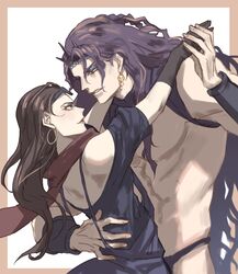  1boy arm_around_waist battle_tendency black_hair blue_eyes brown_hair dancing dress duplicate earrings female gloves hand_on_another&#039;s_back hoop_earrings horns jewelry jojo_no_kimyou_na_bouken kars_(jojo) lisa_lisa long_hair muscular muscular_male off-shoulder_dress off_shoulder pixel-perfect_duplicate red_scarf scarf tango topless_male wavy_hair yepnean 