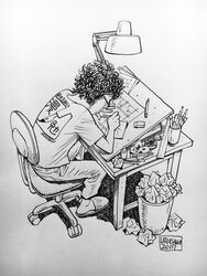  1boy 2017 artist_name chair commentary_request crumpled_paper curly_hair drawing eraser full_body glasses greyscale highres ink_bottle lamp male_focus mangaka monochrome nib_pen_(medium) paper pencil real_life ruler self-portrait sitting slippers solo traditional_media trash_can urasawa_naoki urasawa_naoki_(mangaka) 