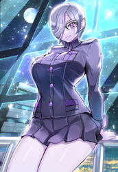  administrator_(crossover_nexus) breasts colored_skin commentary commission crossover_nexus_project crossover_nexus_series female glasses highres isekai_monogatari_series large_breasts moon pointy_ears purple_eyes purple_hair purple_skin short_hair yasu_suupatenin 