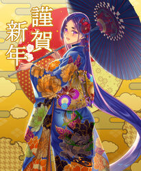  absurdres black_choker blush choker commentary_request fate/grand_order fate_(series) female happy_new_year highres japanese_clothes kimono long_hair looking_at_viewer minamoto_no_raikou_(fate) new_year partial_commentary photoshop_(medium) purple_eyes purple_hair smile solo takinashi_(friend_coffee) very_long_hair 