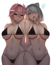  2girls abs animal_ears arms_behind_back biting black_panties blue_eyes blue_pubic_hair blush bra breasts breasts_apart cameltoe cat_ears collarbone colored_pubic_hair eyelashes female_pubic_hair grey_eyes hair_between_eyes hair_over_one_eye head_wings highres hololive hourglass large_breasts looking_at_viewer looking_down mouth_hold multiple_girls myth1carts navel panties pink_hair pink_pubic_hair pubic_hair pubic_hair_peek ribs shishiro_botan short_hair shrugging simple_background smile takane_lui thong underwear virtual_youtuber white_hair wings 