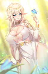  blonde_hair blue_butterfly blue_eyes blurry blurry_background breasts bridal_gauntlets bug butterfly cleavage day dress elf female highres large_breasts light_rays long_hair original pointy_ears rheez second-party_source solo wading water white_dress 