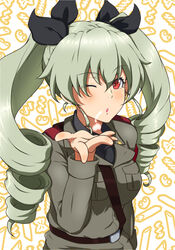  ;o ada_badguy anchovy_(girls_und_panzer) anzio_military_uniform belt black_necktie black_ribbon black_shirt blowing_kiss brown_eyes commentary_request dress_shirt drill_hair female girls_und_panzer green_hair grey_jacket hair_ribbon jacket long_hair long_sleeves looking_at_viewer military military_uniform necktie one_eye_closed open_mouth partial_commentary red_eyes ribbon sam_browne_belt shirt smile solo twin_drills twintails uniform wing_collar 