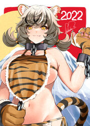  2022 animal_hands animal_print black_collar black_hair breasts brown_gloves chains chinese_zodiac closed_mouth collar commentary_request female gloves grey_hair koukoku large_breasts looking_at_viewer multicolored_hair navel oerba_yun_fang original paw_gloves short_hair short_twintails signature skindentation smile solo striped_tail tail tiger_print tiger_tail twintails white_hair year_of_the_tiger yellow_eyes 