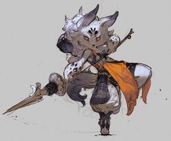  anthro black_markings canid canine canis clothing fur hair hi_res holding_melee_weapon holding_object holding_polearm holding_spear holding_weapon japanese_armor mammal markings melee_weapon on_one_leg orange_clothing orange_eyes ovopack polearm solo spear spots spotted_body spotted_fur standing weapon white_body white_fur wolf 