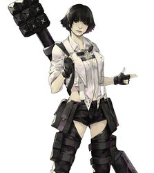  absurdres black_gloves black_hair blue_eyes breasts cleavage closed_mouth devil_may_cry_(series) devil_may_cry_5 eyewear_around_neck female finger_gun fingerless_gloves fingernails gloves goggles goggles_around_neck grenade_launcher grey_nails gun heterochromia highres kalina_ann_(weapon) lady_(devil_may_cry) pouch red_eyes scratches short_hair simple_background sleeves_rolled_up smile solo subakeye weapon weapon_on_back white_background 