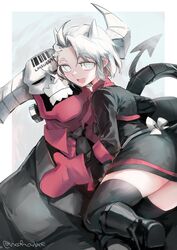  1boy :d absurdres barcode black_skirt black_thighhighs colored_skin demon_boy demon_girl demon_horns demon_tail female gloves grey_eyes helltaker highres horns justice_(helltaker) looking_at_viewer noah_(tettsui-sole) open_mouth red_gloves red_shirt red_skin shirt short_hair skirt smile subject_67_(helltaker) tail thighhighs twitter_username white_hair white_horns 