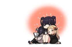  3girls abigail_williams_(fate) amatukiamaru blonde_hair blue_eyes blush_stickers bow commentary cuddling double_bun drawing fate/grand_order fate_(series) hair_bun hairbow hat highres katsushika_hokusai_(fate) katsushika_hokusai_(traveling_outfit)_(fate) long_hair multiple_girls multiple_hair_bows official_alternate_costume pencil purple_hair single_hair_bun sitting sketchbook twintails yang_guifei_(fate) yang_guifei_(first_ascension)_(fate) 