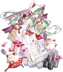  akashi_(azur_lane) akashi_(white_cat&#039;s_repayment)_(azur_lane) animal_ears azur_lane bare_shoulders bell bird box cat_ears chick coin detached_sleeves dress drum_(container) fake_animal_ears female floating_hair flower_knot full_body gem gem_(azur_lane) gift gift_box green_hair highres hood jingle_bell long_hair long_sleeves looking_at_viewer manjuu_(azur_lane) miniskirt official_alternate_costume official_art open_mouth platform_footwear pleated_skirt red_gemstone red_skirt sandals saru skirt sleeves_past_fingers sleeves_past_wrists smile solo tassel thighhighs torii transparent_background very_long_hair wedding_dress white_dress white_footwear white_thighhighs yellow_eyes zettai_ryouiki zouri 