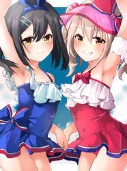  2girls arm_up armpits bad_id bad_pixiv_id bare_shoulders black_hair blue_one-piece_swimsuit blush bow breasts brown_eyes cape casual_one-piece_swimsuit collarbone commentary_request cosplay covered_navel dress_swimsuit fate/grand_order fate/kaleid_liner_prisma_illya fate_(series) grin illyasviel_von_einzbern illyasviel_von_einzbern_(swimsuit_archer) illyasviel_von_einzbern_(swimsuit_archer)_(cosplay) illyasviel_von_einzbern_(swimsuit_archer)_(second_ascension) inflatable_armbands long_hair looking_at_viewer matching_outfits miyu_edelfelt mochi_(k620803n) multiple_girls one-piece_swimsuit orange_eyes pink_cape presenting_armpit red_bow red_eyes red_one-piece_swimsuit small_breasts smile star_(symbol) star_print swimsuit thighs twintails visor_cap white_hair 