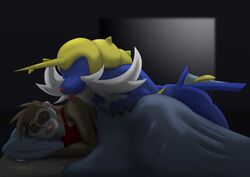  2019 alex.fetter ambiguous_gender anthro bed closed_eyes duo female feral furniture generation_5_pokemon hi_res licking night nintendo pillow pokemon pokemon_(species) samurott sleeping tongue tongue_out 