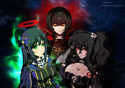  3girls absurdres armor artist_name aura black_eyes black_hair blouse blue_coat breastplate breasts cape cleavage coat colored_skin facial_mark flower fubuki_(senran_kagura) green_eyes hair_flower hair_ornament hair_ribbon halo highres kagura_(senran_kagura) large_breasts long_hair looking_at_viewer manuel multicolored_eyes multiple_girls night night_sky red_cape red_eyes red_halo ribbon ryouki_(senran_kagura) senran_kagura senran_kagura_burst senran_kagura_estival_versus senran_kagura_new_link serious shirt sky twintails twitter_username very_long_hair wavy_hair white_shirt white_skin 