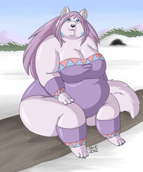  anthro bigladydragon breasts canid canine canis cleavage clothed clothing female mammal mountain obese obese_anthro obese_female overweight overweight_anthro overweight_female solo wolf 