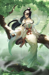  absurdres brown_eyes chinese_clothes dress female fingernails full_body hair_bun hair_ornament hair_stick hanfu highres holding in_tree jiliang_jiying_yumao liquid_clothes long_dress long_hair long_sleeves original parted_lips pink_nails red_sash sash single_hair_bun sitting smile solo spilling tree white_dress wide_sleeves 